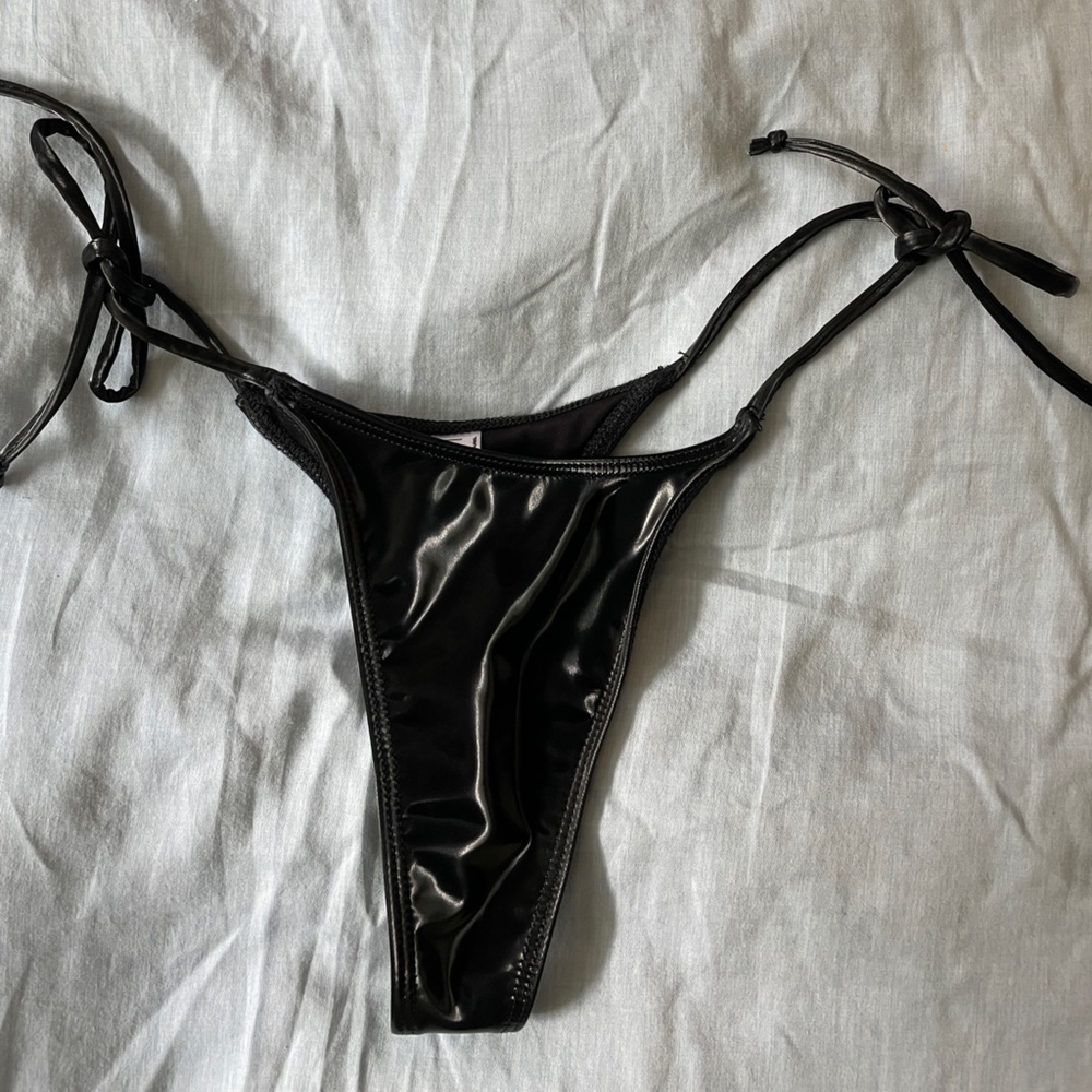 Los Angeles Apparel Vinyl Thong Bikini Bottom in Black (Medium)